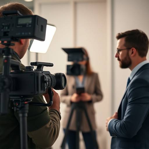 Cámara grabando una entrevista en un entorno corporativo
