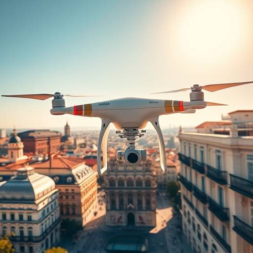 Drone profesional grabando imágenes aéreas de la ciudad de Barcelona.