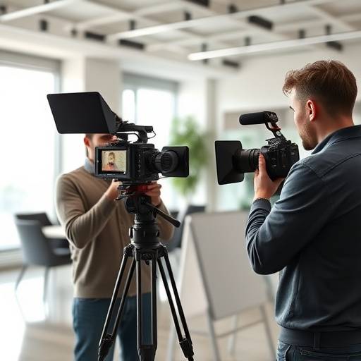 Equipo de filmación grabando un video corporativo en una oficina moderna.
