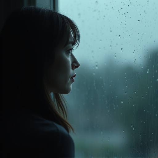 Escena de un cortometraje con una mujer mirando melancólicamente por la ventana en un día lluvioso